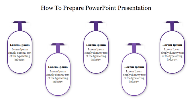 Template with five oval shapes in purple, hanging from the top, illustrating steps and points in a presentation.