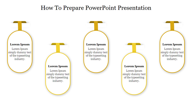 How to prepare PowerPoint showing  five oval boxes with orange borders and ribbons, aligned horizontally under the heading. 
