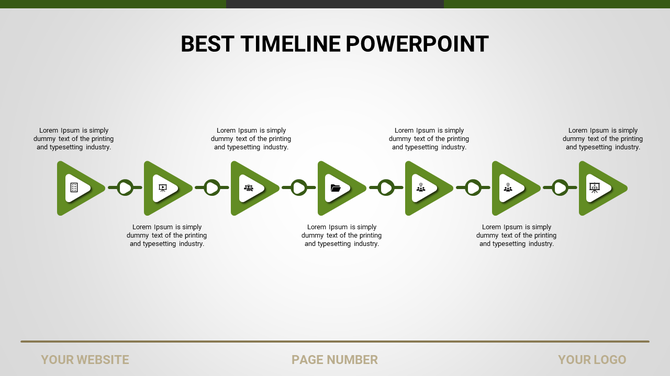 Timeline PowerPoint template featuring steps with green arrows, icons, and placeholder text for each stage.