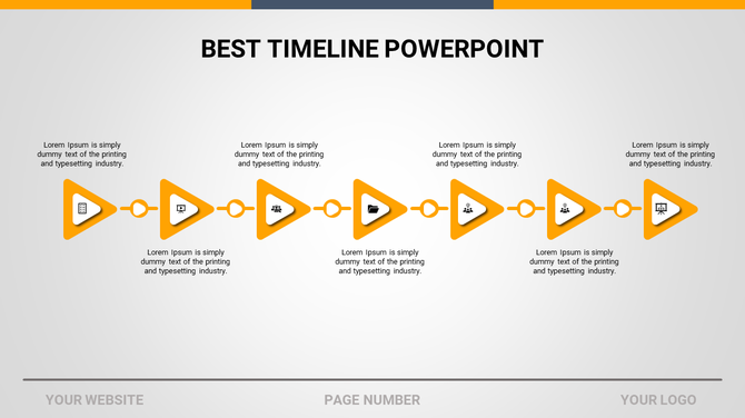 Timeline with seven yellow triangular arrows, each connected by lines and paired with icons and descriptions.