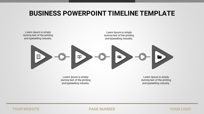 Business timeline template with four gray triangular arrows and icons, each representing different stages of a process.