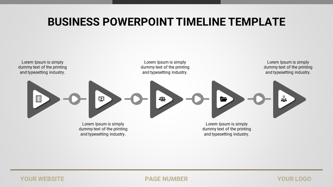 Gray triangular based timeline template with five icons and explanatory text, showing sequential steps in a business process.