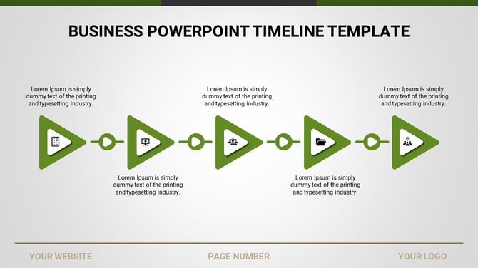 Yellow timeline with triangular markers connected by circles, displaying icons and placeholder descriptions.
