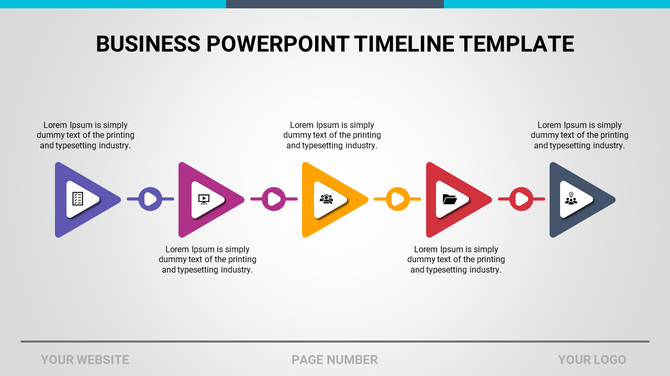 Timeline PowerPoint template with multi color triangle icons with placeholder text.