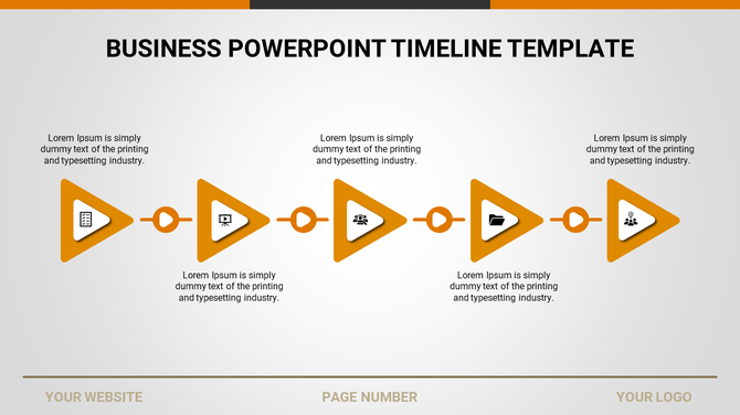 Horizontal golden yellow timeline with triangular markers linked by circles, featuring icons and descriptive text.