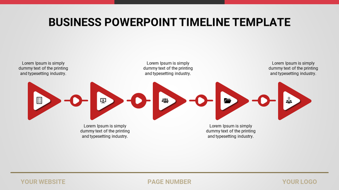 Timeline PPT template with red triangle icons representing document, presentation, team, and file management in a sequence.