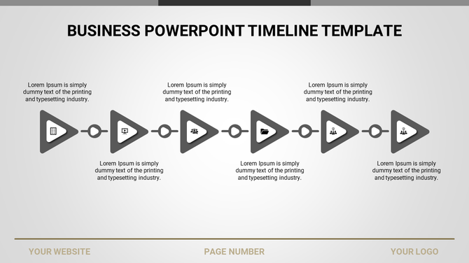 Business timeline PowerPoint template with grey arrows and icons with placeholder text.