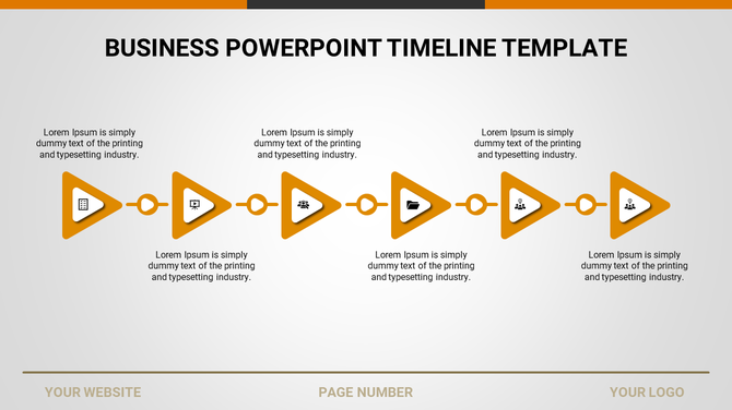 Business timeline template with six orange triangles, each containing an icon and descriptive text along a horizontal line.