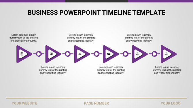 Business timeline PowerPoint template with purple arrows and icons with placeholder text.