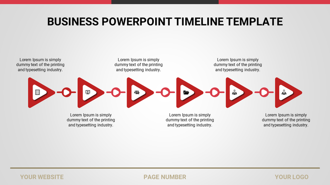 Timeline with six red triangles connected by lines, each containing text and an icon, on a gray background.