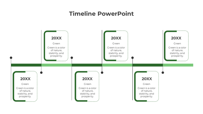 Timeline infographic with six green outlined rectangular boxes, evenly spaced above and below a horizontal bar.