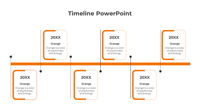 Modern timeline with a central orange line, six square labels with orange accents, and thin vertical markers linking them.