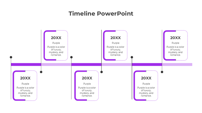 Timeline with six alternating purple bordered text boxes, on a horizontal line, against a light background.