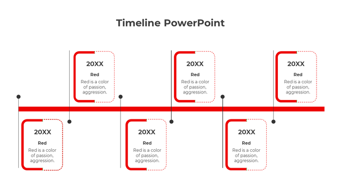 PowerPoint slide featuring a timeline with red boxes, each labeled 20XX, and a description of the red color.