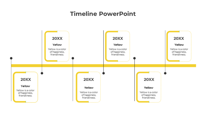 Structured yellow timeline with a horizontal bar, six rectangular text boxes with rounded corners, and thin vertical lines.