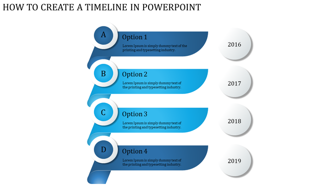 Vertical blue timeline infographic with four curved banners labeled A to D, each corresponding to years 2016 to 2019.