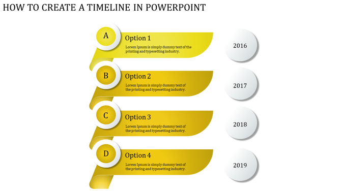 Stepwise yellow timeline with four horizontal banners labeled A, B, C, and D, aligned with white circular year markers.