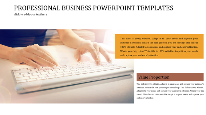 Slide layout with a large background image of hands typing and two highlighted text boxes for business content.