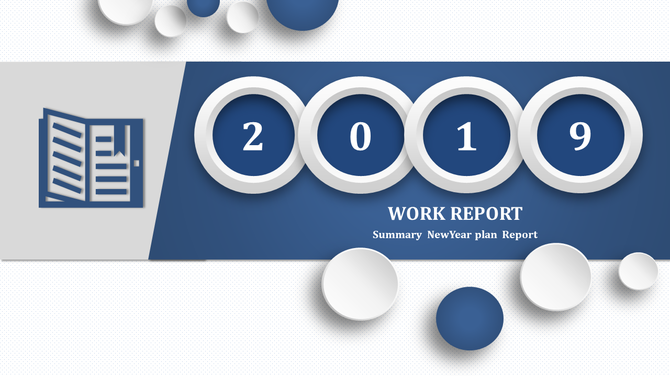 Blue and white 2019 work report slide with circular 3D elements, an open book icon, and a modern design layout.