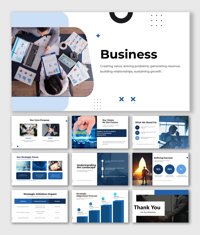 Business presentation with strategy, vision, analytics, success metrics, growth charts, and professional collaboration.