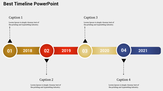 Color-coded timeline with steps for years, featuring circular markers numbered and caption areas linked to each year.