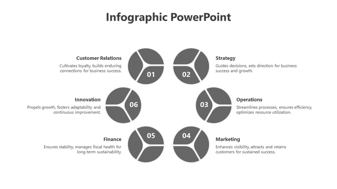 Infographic template showcasing six business topics, including strategy and finance, in a clean, gray themed layout.