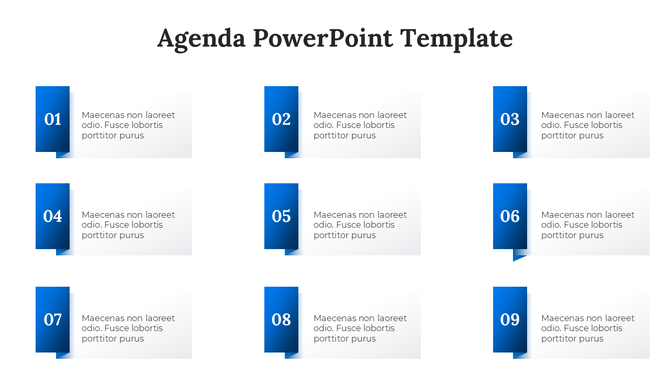 Professional agenda layout with nine blue and white sections, each containing a number and a short text description.