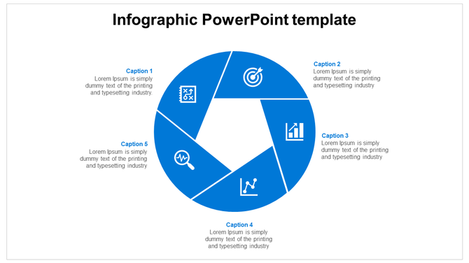 Circular infographic template with five blue segments forming a star, each containing business icons with caption areas.