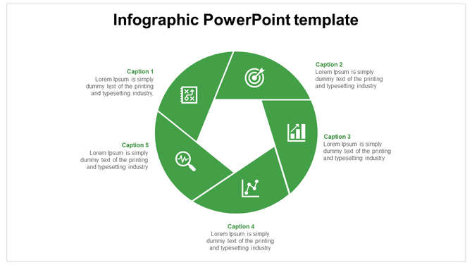 Circular infographic PowerPoint template with green segments, icons, and captions for various content sections.