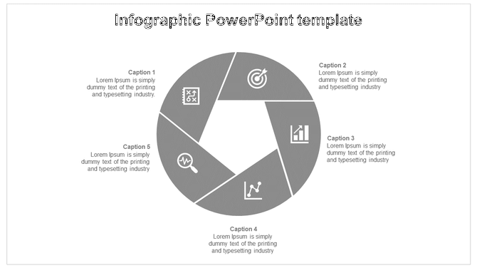 Gray themed infographic template with five parts, arranged in a circle with icons and text placeholders.