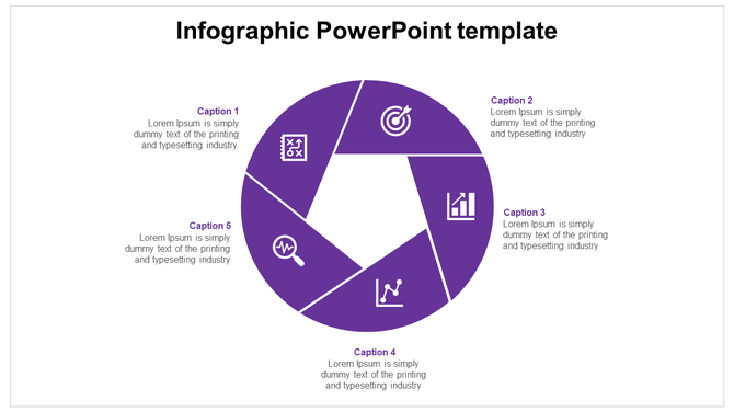 Purple circular diagram template divided into five segments with business analytics icons and surrounding text caption areas.