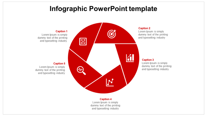 Red circular infographic with five segments, each containing an icon and caption, surrounding a white pentagon.