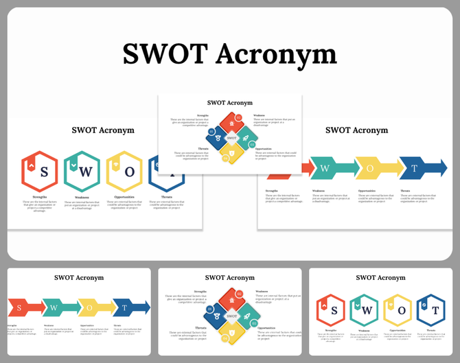 Slides displaying the SWOT acronym with different colorful layout designs and icons with detailed explanations.