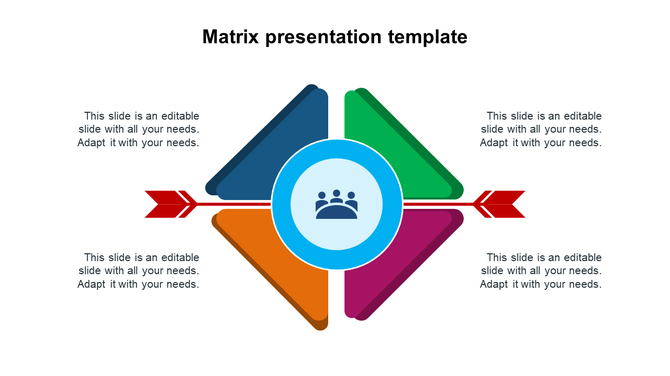 Colorful matrix PowerPoint template with four triangular sections converging at a central circle, featuring an arrow motif.