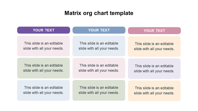 Matrix org chart with three colored column headers and a 3x3 grid of editable text boxes in soft pastel shades.