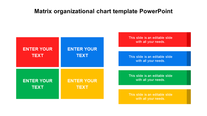 Colorful matrix organizational chart PPT template with four sections in red, blue, green, and yellow with placeholder text.