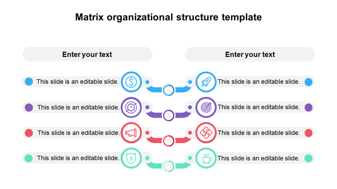 Four colored rows with circular connectors and icons in blue, purple, red, and green, arranged in a matrix layout.
