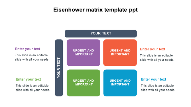 Matrix layout of four colored squares in purple, red, green, and blue, with gray header and sidebar, each with text.