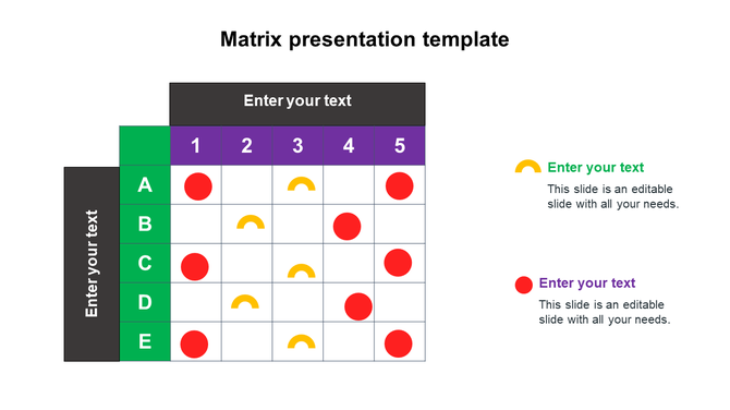 A colorful matrix presentation template with a grid layout, red and yellow symbols, and text placeholders.