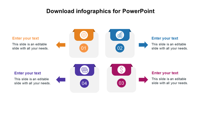 Infographic PowerPoint slide with four numbered sections and text placeholders with color coded icons.