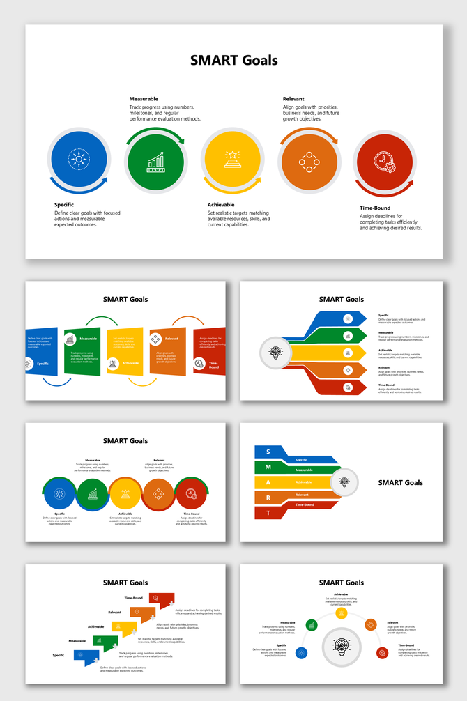 SMART goals presentation infographic with colorful circular layouts for Specific, Measurable, Achievable, Relevant goals.