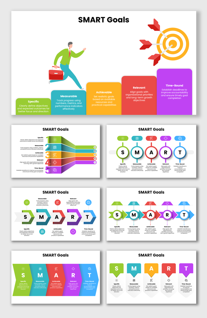 SMART Goals presentation with colorful arrows, target icons, and goal-setting infographic layouts.