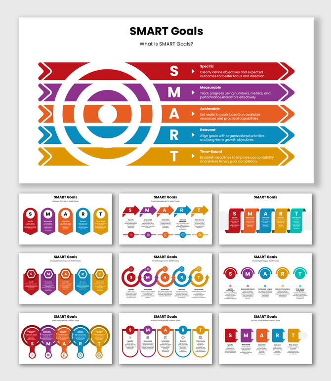 Smart Goals infographic with colorful arrows, target circles, and structured planning layouts.