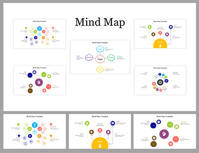 Mind map design set with six slide variations, each displaying labeled nodes branching from a central concept.