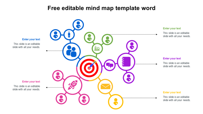 Mind map slide with colorful branches and icons with caption areas surrounding a central target icon with a title text.