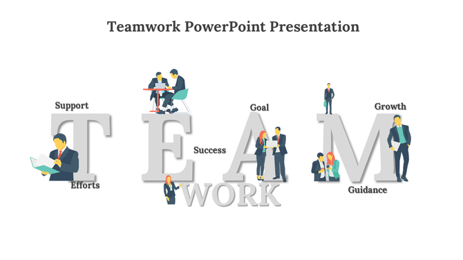Large gray teamwork text with illustrations of professionals working, interacting, and collaborating in vibrant colors.