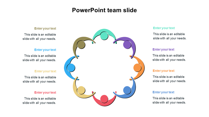 Team slide with eight stick figures in a circle, each figure connected to a matching caption area on left and right sides.