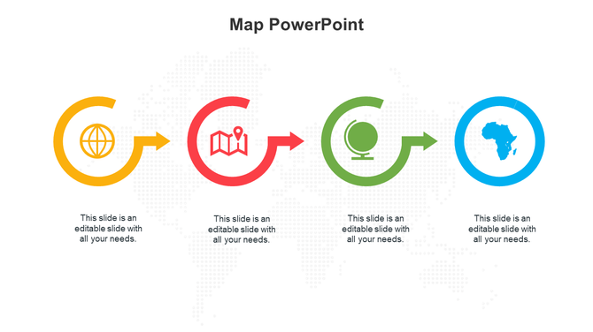 Four circular arrows in yellow, red, green, and blue, each containing travel icons, on a dotted world map backdrop.
