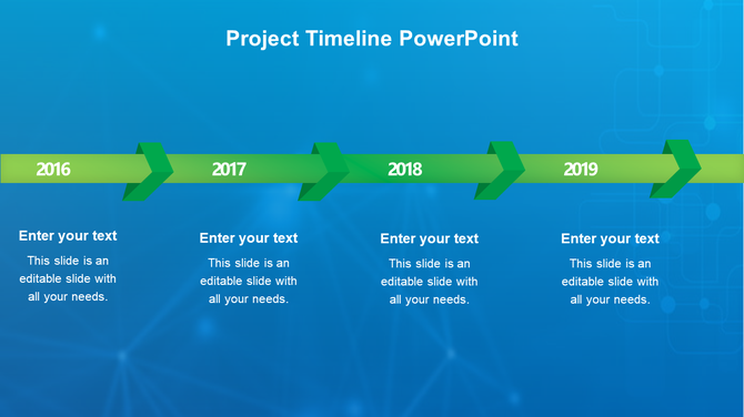 Timeline template with a green horizontal arrow marking years 2016 to 2019, with text below, on a blue digital background.