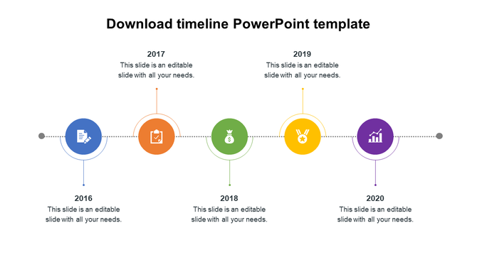 Horizontal timeline with circular icons and labels from 2016 to 2020, featuring visuals like document and graph.
